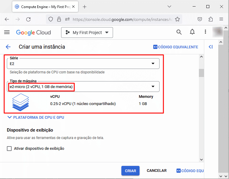 Servidor Google Cloud - tela criar nova instância - parte 2