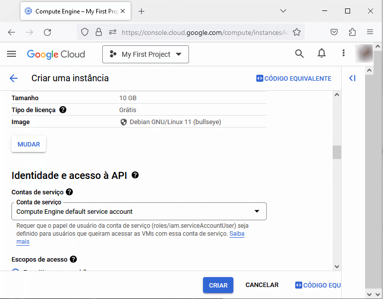 Servidor Google Cloud - tela criar nova instância - parte 4