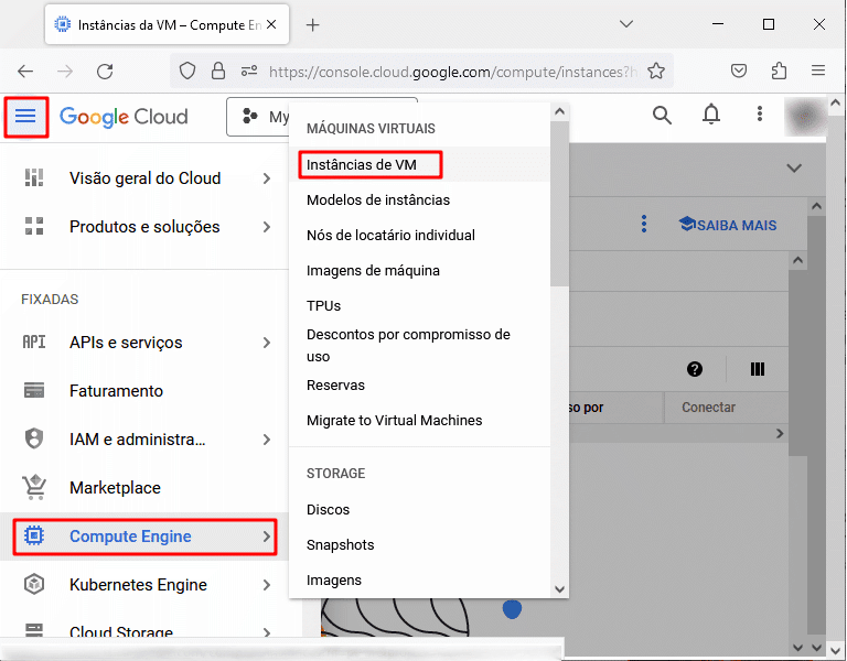 Servidor Google Cloud - menu compute engine - instancias vm