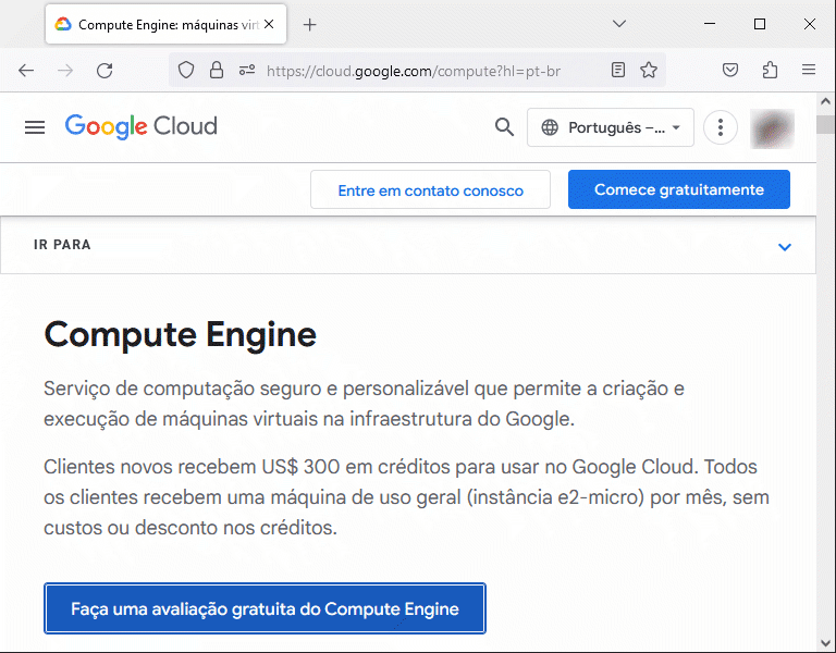 Servidor Google Cloud - tela inicial nível gratuito compute engine