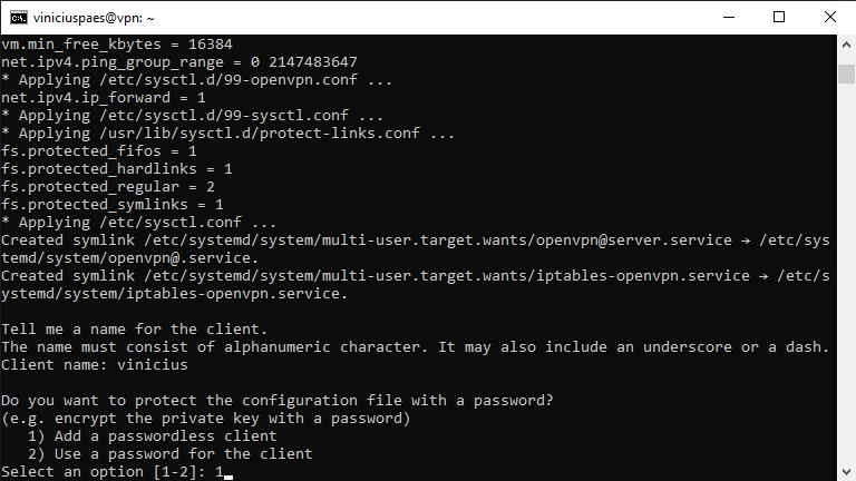 VPN grátis - executar o script instalação OpenVPN - configurar senha no arquivo de conexão do cliente