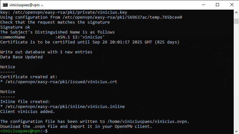 VPN grátis - executar o script instalação OpenVPN - instalação concluída