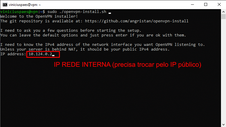VPN grátis - executar o script instalação OpenVPN - endereço ip da rede interna, precisa trocar