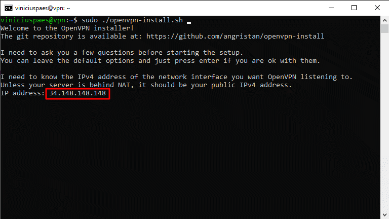 VPN grátis - executar o script instalação OpenVPN - endereço ip rede externa correto