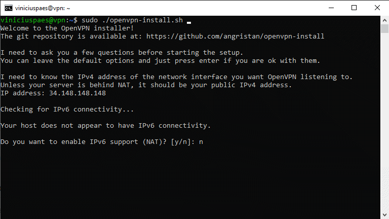 VPN grátis - executar o script instalação OpenVPN - habilitar suporte ipv6