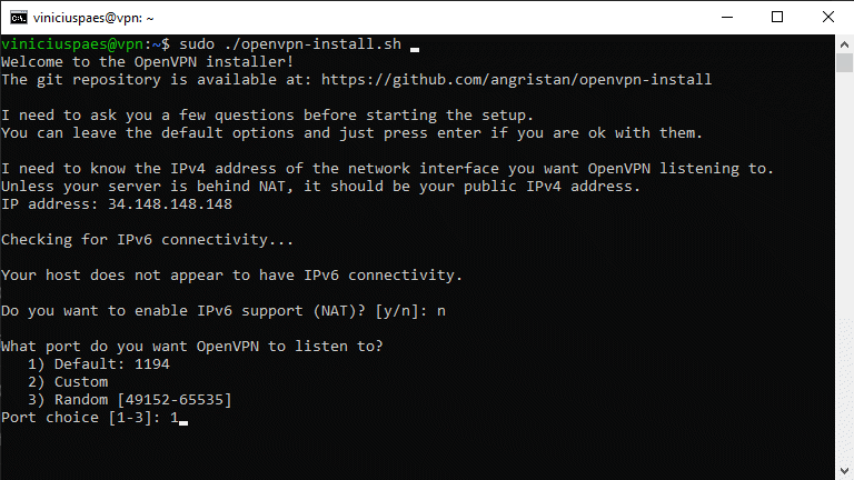 VPN grátis - executar o script instalação OpenVPN - escolher porta conexão