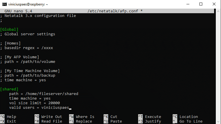 Raspberry Pi NAS - adicionar configuração fim do arquivo afp.conf