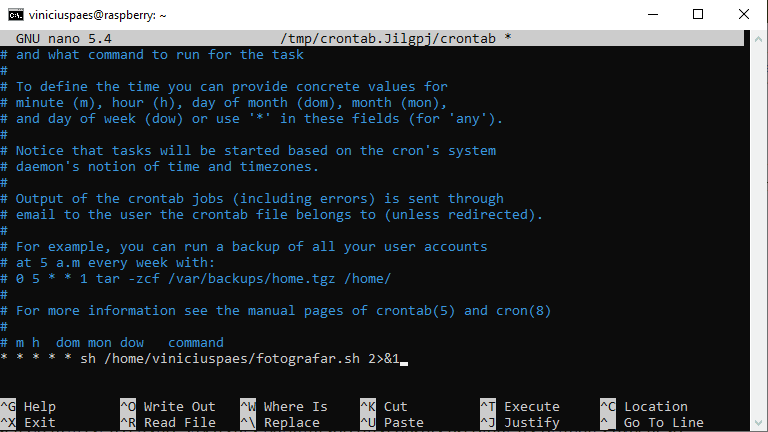 Raspberry Pi Time Lapse - editar arquivo crontab