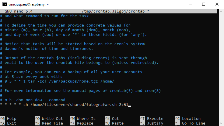 Raspberry Pi Time Lapse - editar arquivo crontab - modelo para setup como NAS