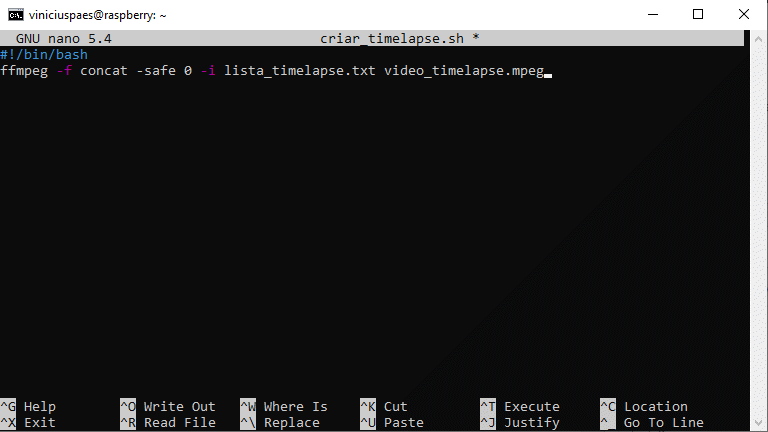 Raspberry Pi Time Lapse - editando o arquivo de shell script que realiza a criação do time lapse de vídeo com ffmpeg