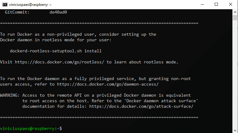 Instalar Docker no Raspberry Pi - execução script de instalação docker - finalizado