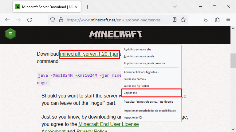 Servidor Minecraft - copiar link de download