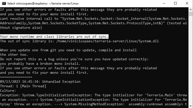 Terraria Server - erro comum primeira inicialização do servidor com mono