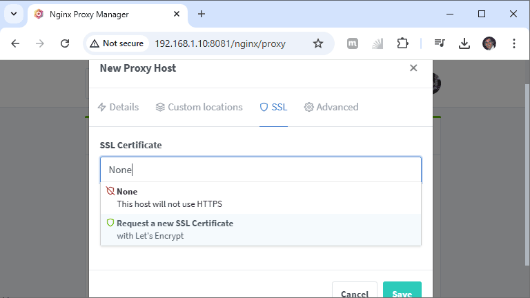 Nginx Proxy Manager - solicitar certificado SSL