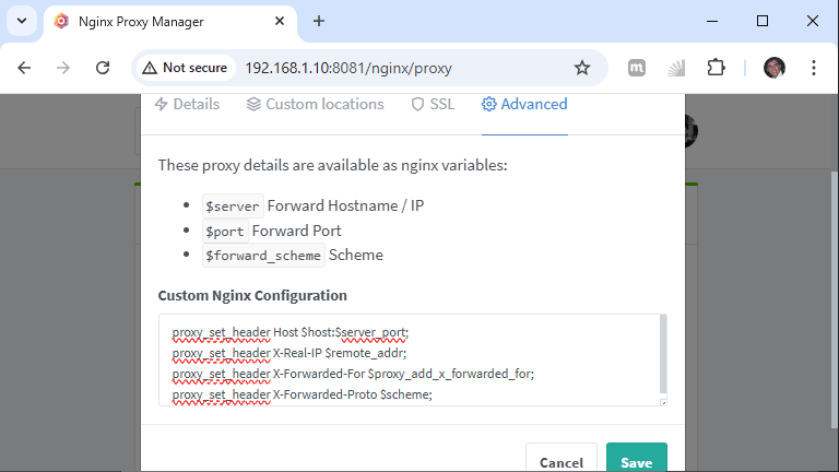 Nginx Proxy Manager - configuração do domínio - salvar configurações