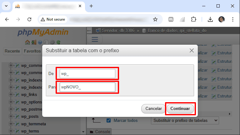 Wordpress - alterar o prefixo de tabelas - definir prefixo antigo e novo