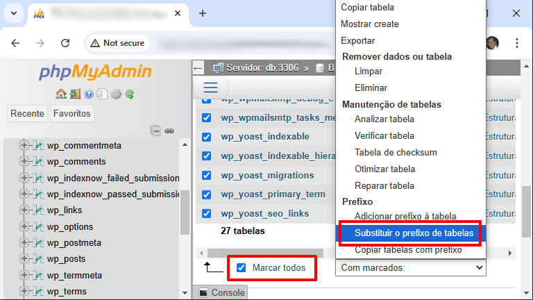 Wordpress - alterar o prefixo de tabelas - selecionar tabelas pelo phpmyadmin